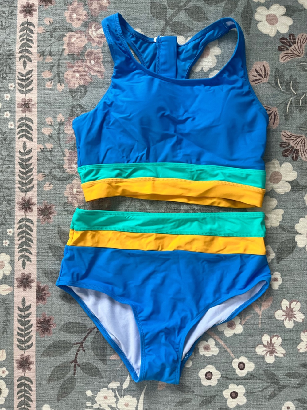 Blue Bikini Bottoms with Teal and Yellow Stripes with Sporty Bikini Top